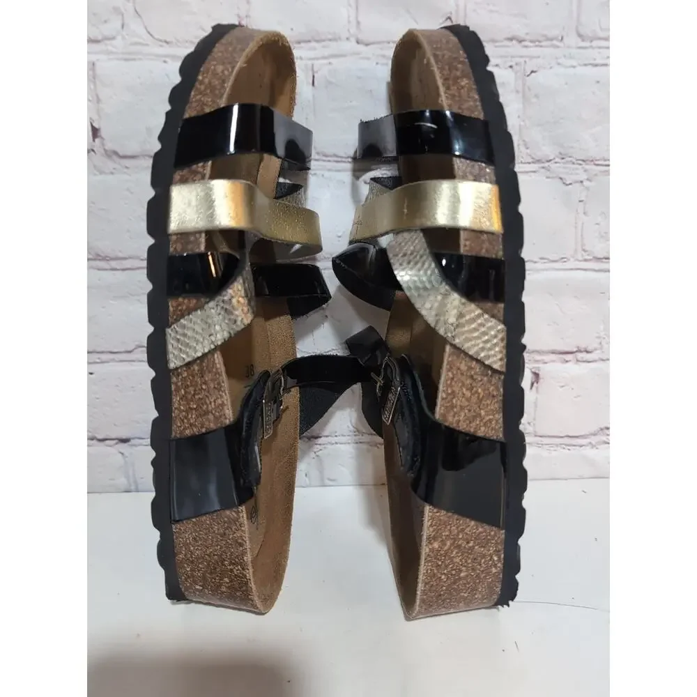 Sanosan Black Patent Metallic Leather Straps Soft Footbed Cork Wedge Sandals 38